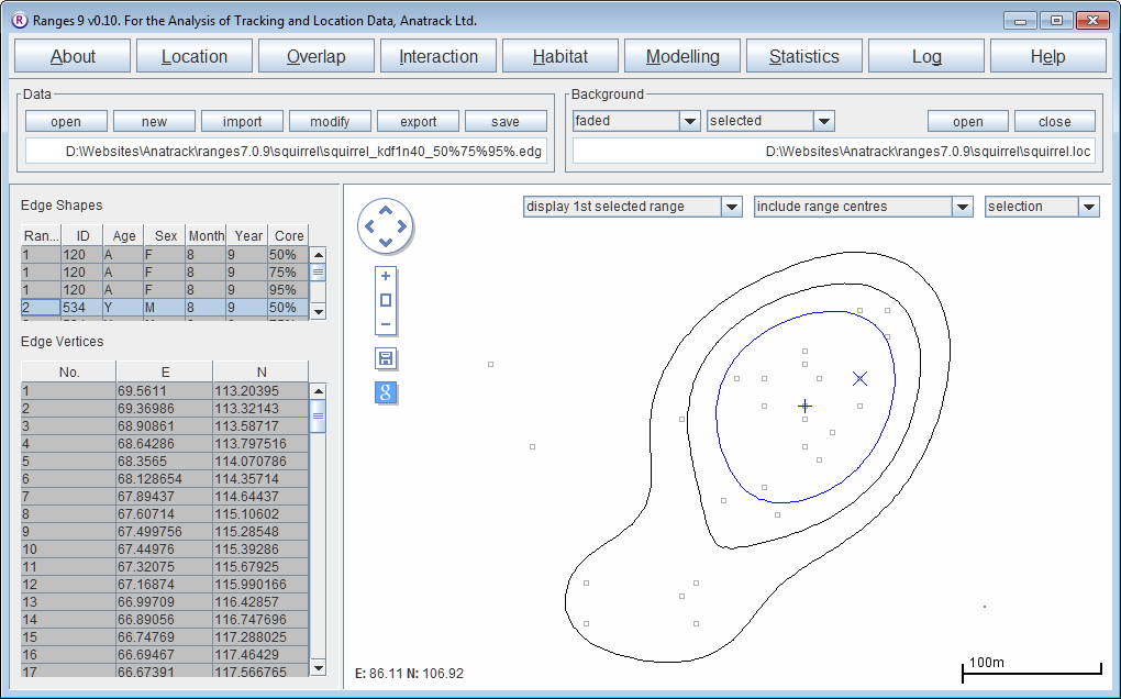 Screenshot of kernel contours within Ranges